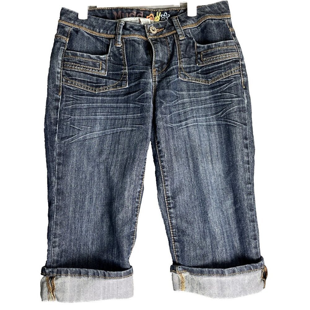 Mudd Denim Capri Jeans Women 7 Blue Cuffed Embroidered Y2K Contrast Stitch Retro